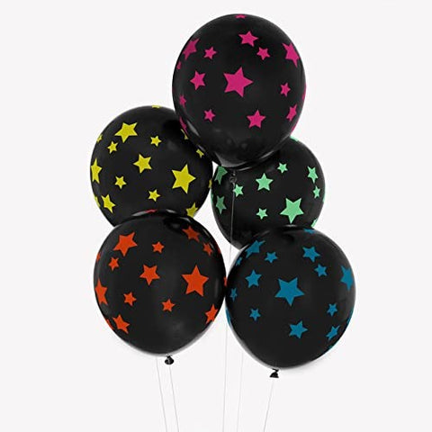 Star Printed Black Balloons for Birthday Decorations, Baby Shower, Anniversary, New Year etc - Pack of 6