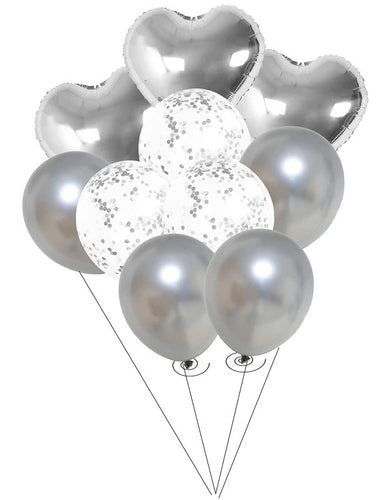 Party Mix Silver Metallic, Confetti and Foil Balloons for All Kind of Balloon Party Decorations (Silver), 10 Pieces Combo