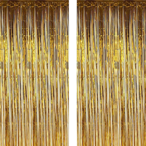 Metallic Tinsel Gold Foil Fringe Curtains 3 ft x 6 ft for Birthday, Anniversaries, Graduation, Retirement, Baby Shower, New Year Decoration- Pack of 2