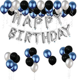 Happy Birthday Balloons Decoration Items Combo Kit Blue, Silver & Black - 31 Pcs for Kids and adults