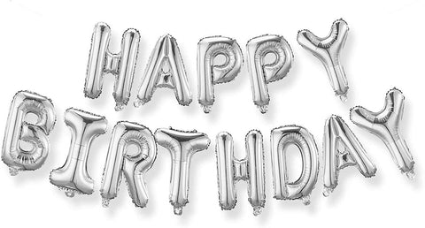 Happy Birthday Silver Foil Balloons in Capital Letters Upper Case for Birthday Decorations