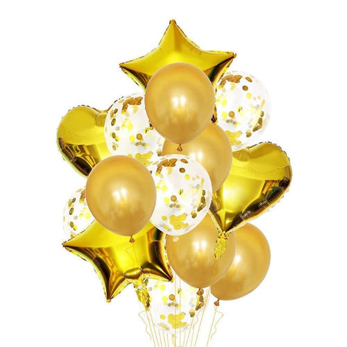 Party Mix Gold Metallic, Confetti and Foil Balloons for All Kind of Balloon Party Decorations (GOLD), 14 Pieces Combo