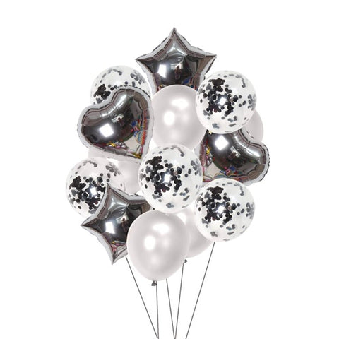 Party Mix Silver Metallic, Confetti and Foil Balloons for All Kind of Balloon Party Decorations (Silvery), 14 Pieces Combo