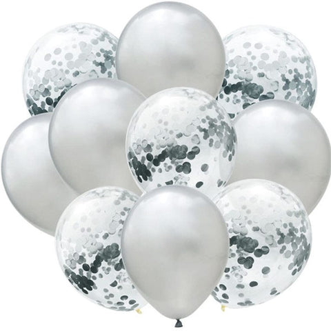 Silver HD Metallic Chrome & Clear Confetti Shining Glitter Balloons Set For Birthday, Anniversary, Welcome and All Party Celebration Decoration Supplies (A Set Of 10 Pcs)