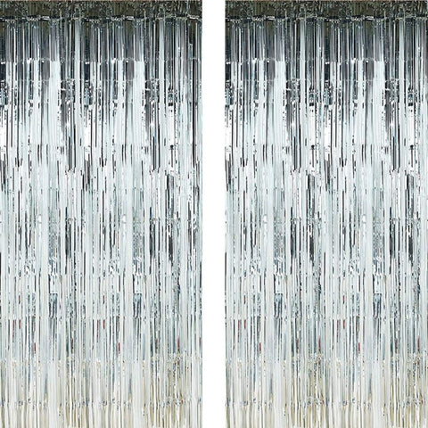 Metallic Tinsel Silver Foil Fringe Curtains 3 ft x 6 ft for Birthday, Anniversaries, Graduation, Retirement, Baby Shower, New Year Decoration- Pack of 2