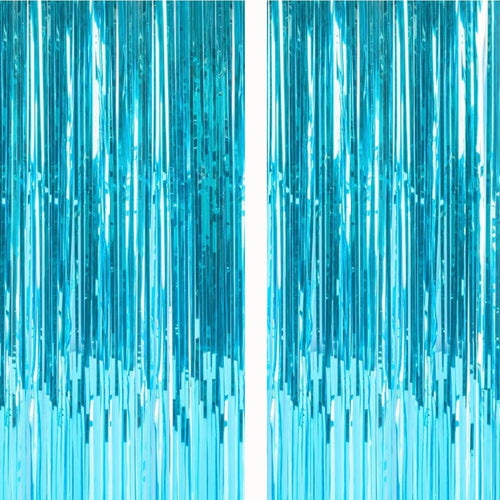 Metallic Fringe Light Blue Curtains Size 3 ft x 6 ft for Birthday, Anniversaries, Graduation, Retirement, Baby Shower, New Year Backdrop Decoration- Pack of 2