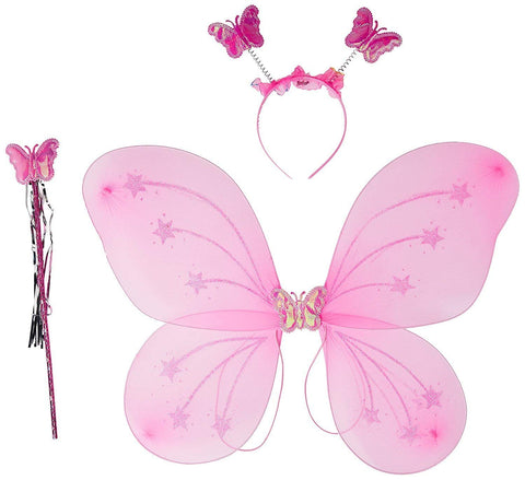 Fairy Butterfly Wings with Matching Hair Band and Magic Wand Costume for Baby Girls Birthday Party/Princess Accessories/Party Gift for Kids/ Party Supplies (Pack of 1,Pink)