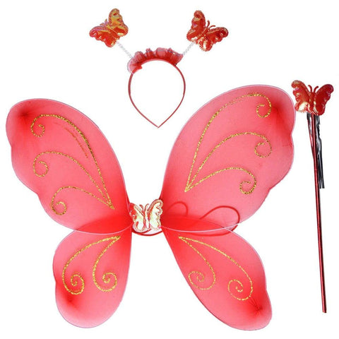 Fairy Butterfly Wings with Matching Hair Band and Magic Wand Costume for Baby Girls Birthday Party/Princess Accessories/Party Gift for Kids/ Party Supplies (Pack of 1,Red)