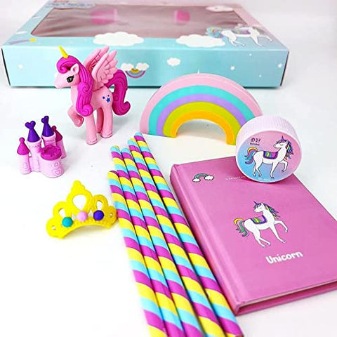 Cute Unicorn Stationery Birthday Gift Set for Girls Boys - with Pencil, Erasers, Sharpener, Diary Stationery Kit Birthday Party Return Gift for Kids (Multicolor)