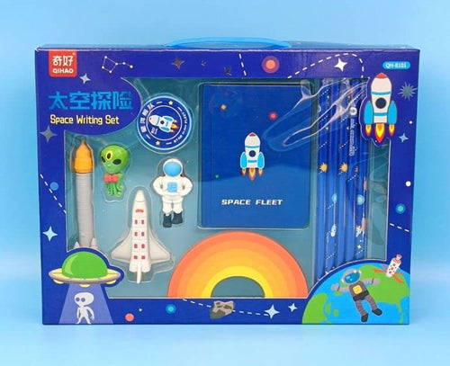 Space Theme Design Stationery Writing Set For Kids (5 Pencils, 5 Different Shapes Erasers, 1 Notebook, 1 Sharpener)