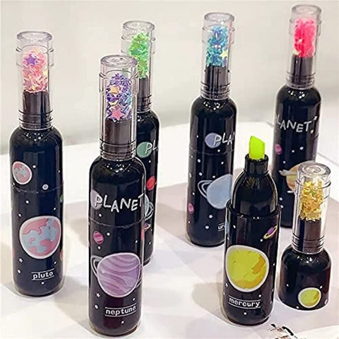 6 Pcs/Set Highlighters Marker Pens Stationery Cute Space Theme Bottle Shaped Markers for Kids Girls Boys