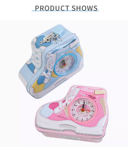 Shoe Shape Tin Money Bank Alarm Clock with Lock and Key for Kids Room Decor (Assorted Print & Color)- Pack of 1