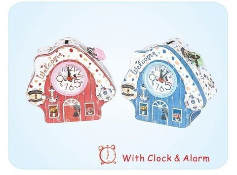 Hut Tin Money Bank Coin Box Alarm Clock with Lock and Key for Kids Room Decor & Play- Assorted Print & Color Pack of 1