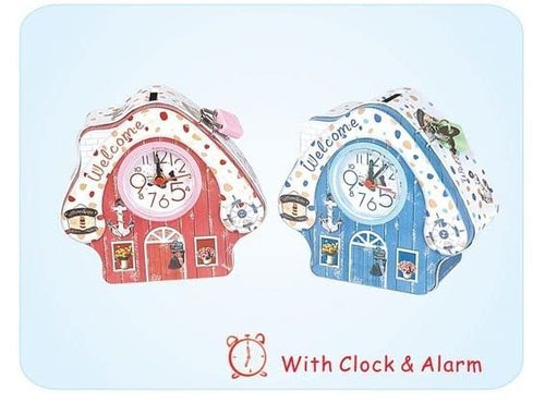 Hut Tin Money Bank Coin Box Alarm Clock with Lock and Key for Kids Room Decor & Play- Assorted Print & Color Pack of 1