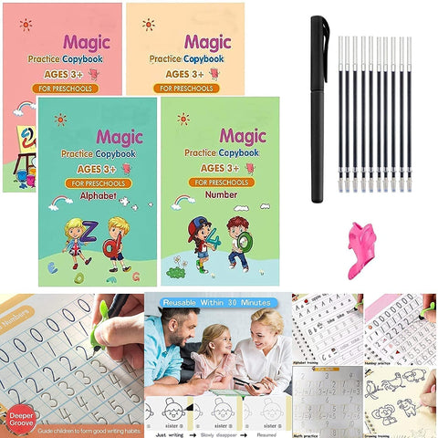 Sank Magic Practice Copybook, (4 Book + 1 Pen + 10 Refill+1 Grip) Number Tracing Book for Preschoolers with Pen, Magic Calligraphy Books for Kids Reusable Writing Tool