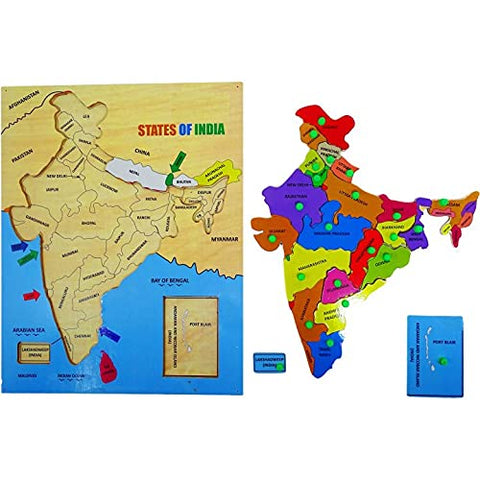 Crackles Wooden Indian Map Pegged Puzzle with States and Union Territories (Large Size 37.5 x 30 cm)- Pack of 1