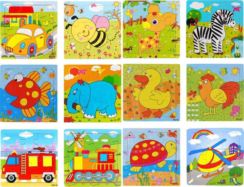 Wood Jigsaw Puzzles for Children- Pack of 12 Different Designs with 9 Piece Puzzle in a Frame Board (14.5X14.5 cm) (Random Pattern Will Be Sent, Birthday Return Gifta)