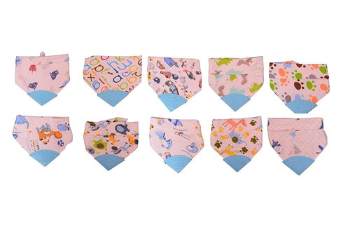 Absorbent Adjustable, Printed Cotton Bandana Drool Bibs with Teether for Baby Boys, Blue, 2 Piece