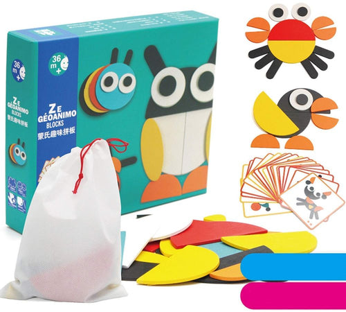 Animal Wooden Pattern Blocks for Various Puzzles and Innovative Shapes with Illustration Cards