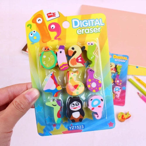 Cartoon Style Digital Number Erasers for Kids School Supplies Rubber Stationary Kit for Boys and Girls Cute 0-9 Number Animal Eraser for Children Learn and Play Kit (Pack of 1, Multicolor)